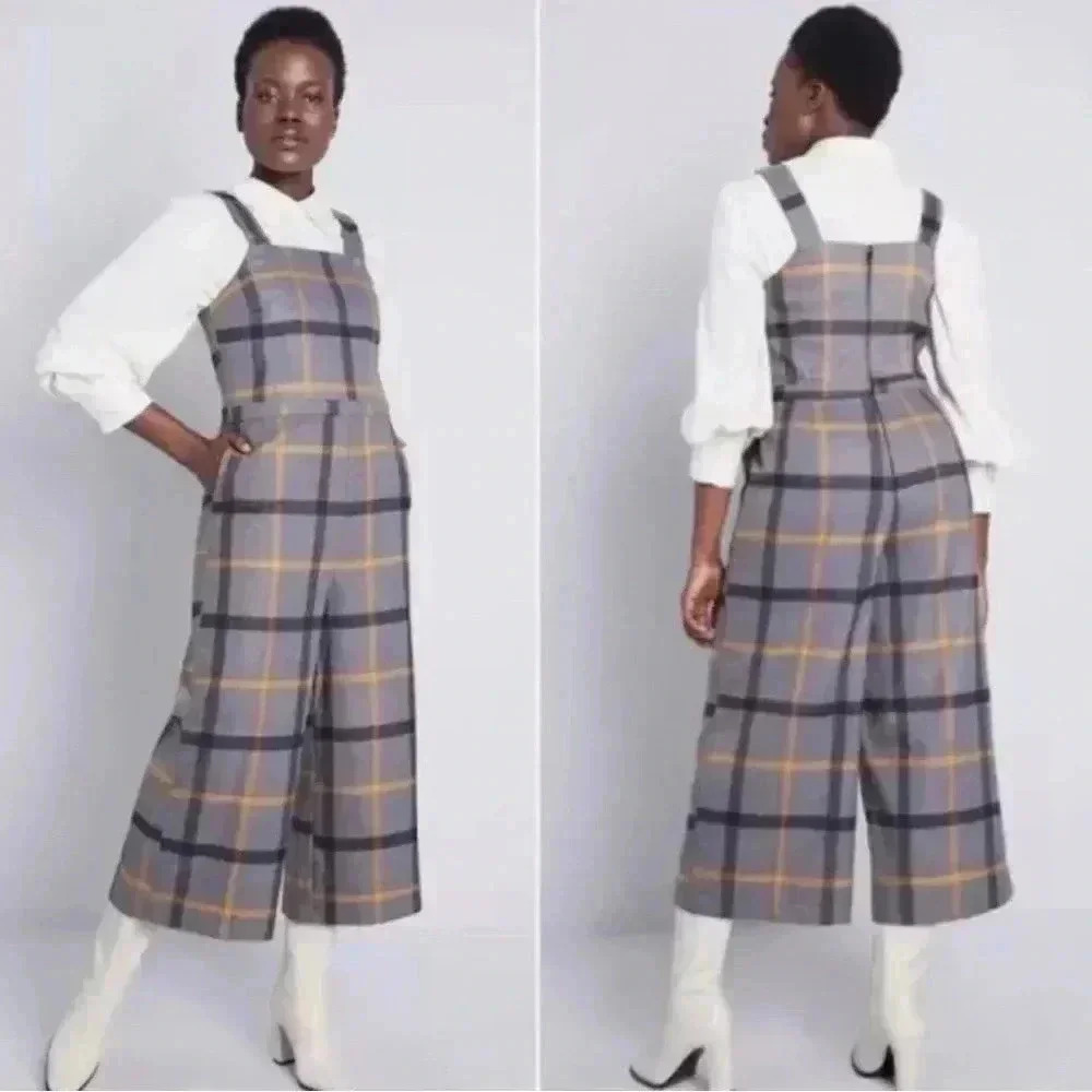 Modcloth Plaid Cropped Jumpsuit In Grey Plaid‎  Pockets Sz Large